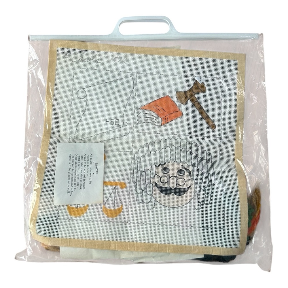 VTG NEW 1972 Carde Needlepoint Judge Lawyer Attorney Law 13" x 13 " READ